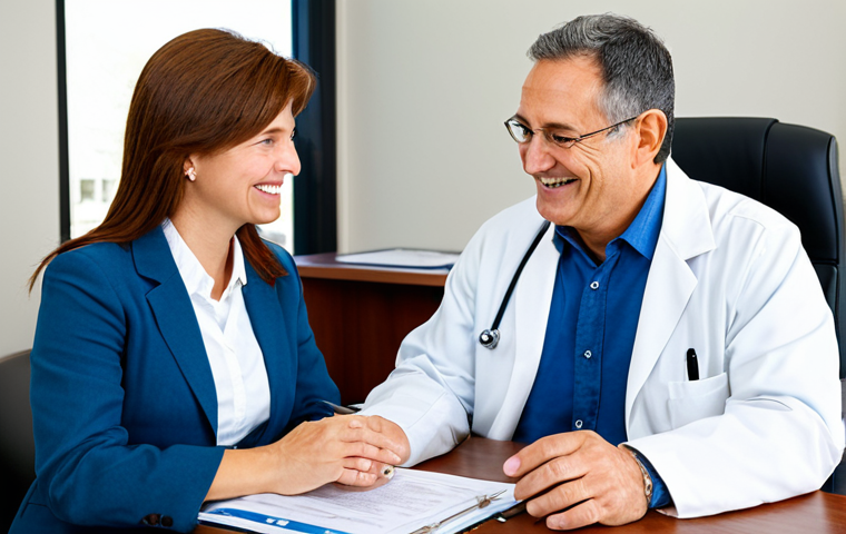 Medical Tourism Coordinator Consultation**
"A friendly, professional medical tourism coordinator, fully clothed in business casual attire, consults with a mature adult client in a bright, modern office setting. They are reviewing medical documents and discussing treatment options with gentle smiles. Safe for work, appropriate content, professional, modest clothing, perfect anatomy, natural proportions, well-formed hands, proper finger count, natural body proportions, high quality image, soft natural lighting."
**