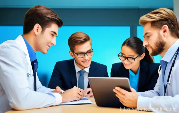 의료관광코디네이터의 자격증 합격률 - **Prompt:** A diverse group of four medical tourism professionals, fully clothed in smart business c...