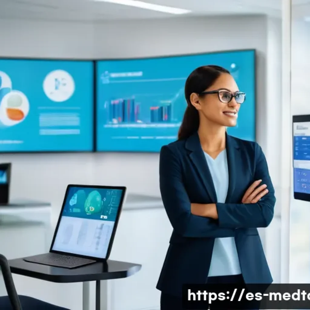 의료관광코디네이터의 시장 전망 - A modern medical tourism coordinator office scene featuring a professional Hispanic woman in busines...