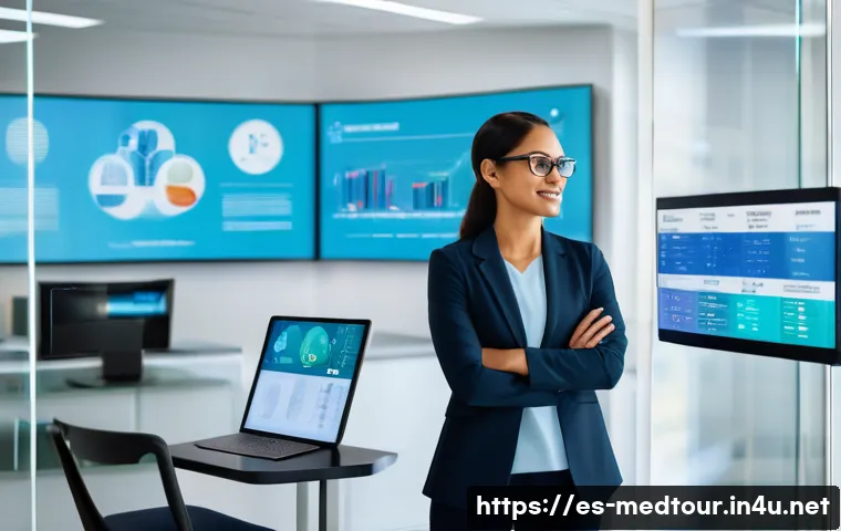 의료관광코디네이터의 시장 전망 - A modern medical tourism coordinator office scene featuring a professional Hispanic woman in busines...