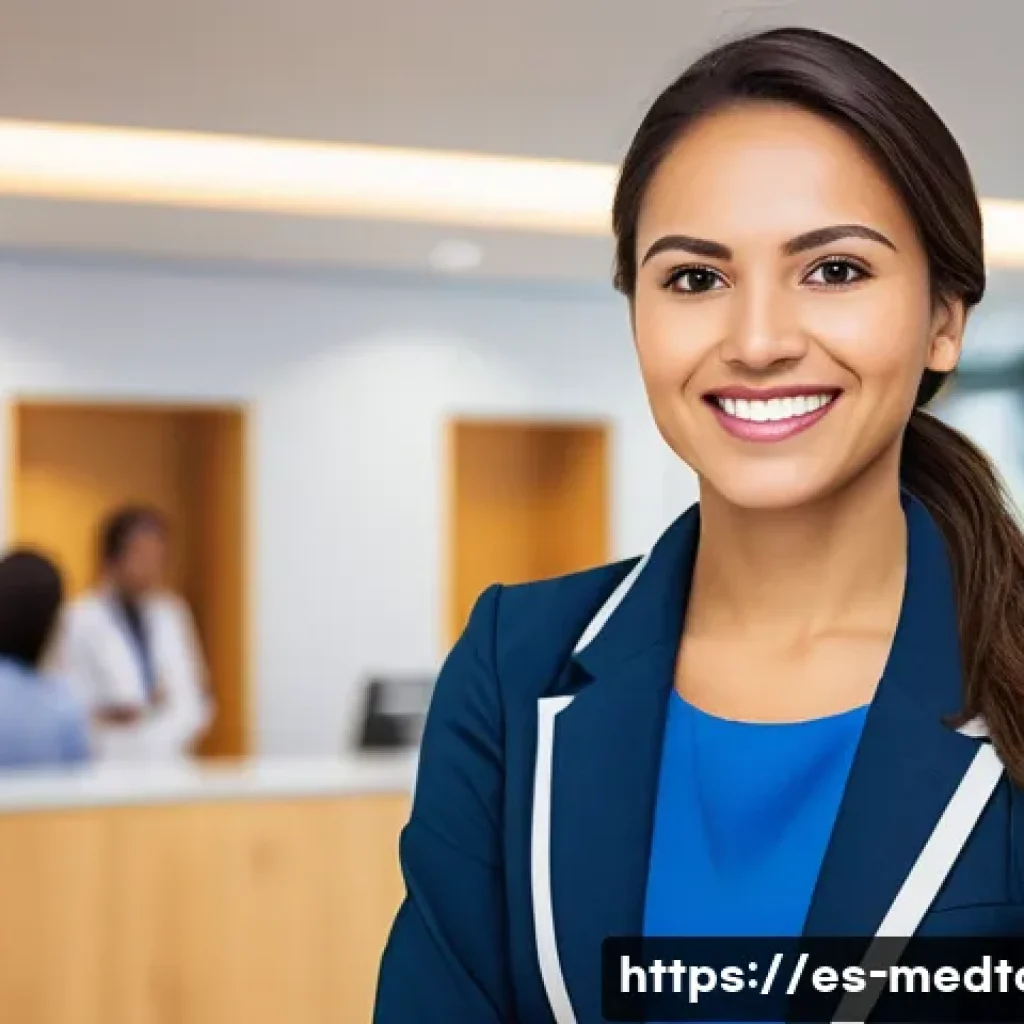 의료관광코디네이터 해외 취업 준비법 - A professional medical tourism coordinator in a modern international hospital reception area, fluent...