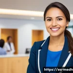 의료관광코디네이터 해외 취업 준비법 - A professional medical tourism coordinator in a modern international hospital reception area, fluent...