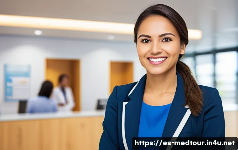 의료관광코디네이터 해외 취업 준비법 - A professional medical tourism coordinator in a modern international hospital reception area, fluent...