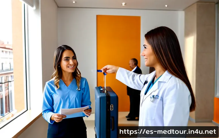 의료관광코디네이터 실습 경험 공유 - Photorealistic medical tourism coordinator intern warmly guiding an adult Spanish-speaking patient a...